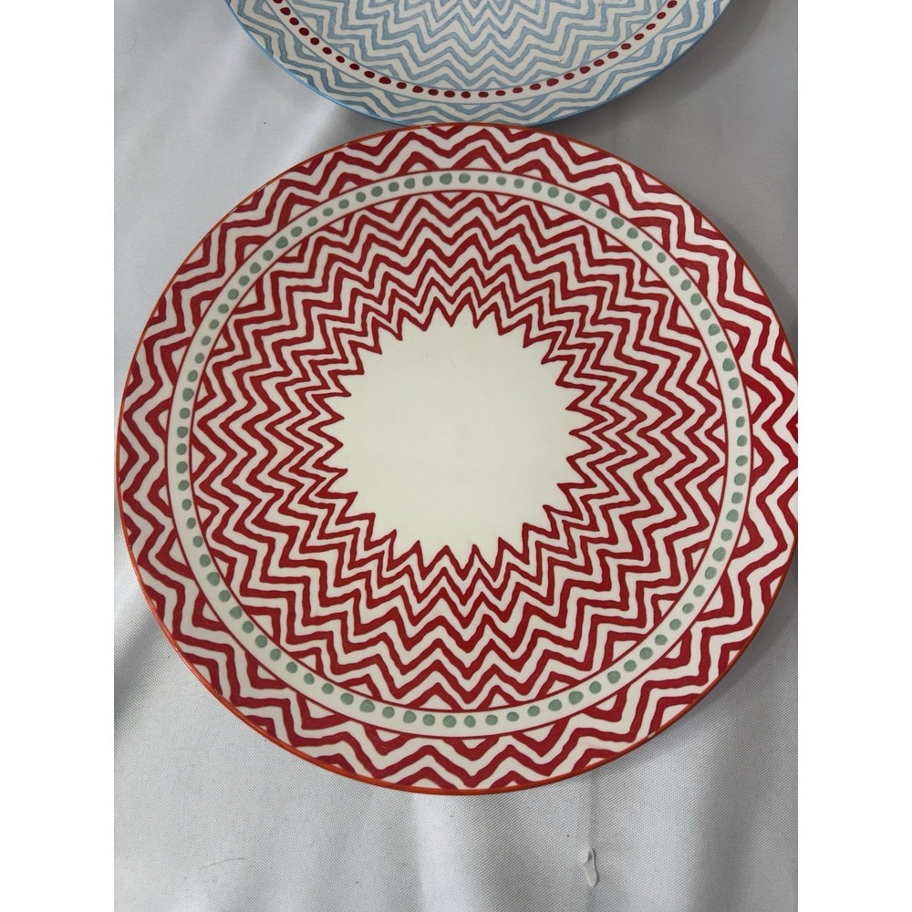 Set Of 6 Handmade Geometric Zig Zag Colorful Dinner Plates  10.25" - Picture 3 of 8